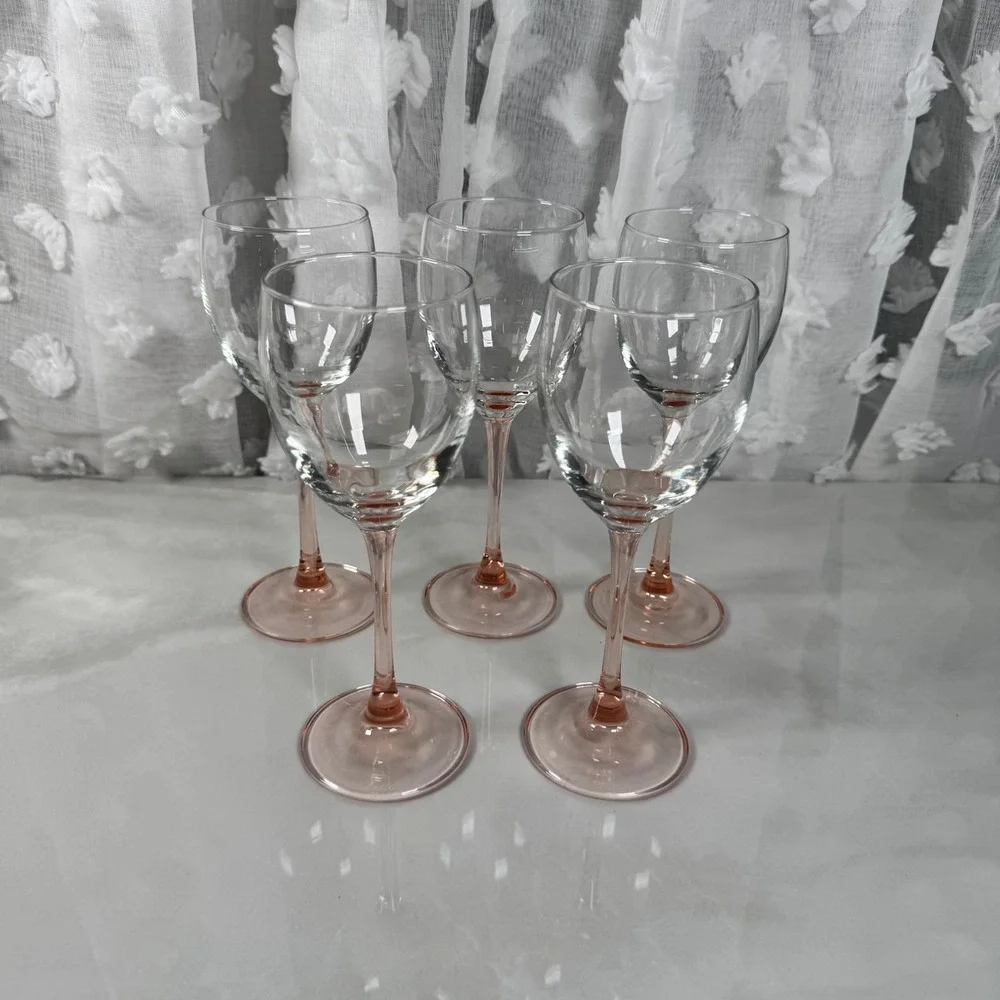 Vtg Luminarc France Pink Stem Wine Glasses Goblets Set of 5 Stemware Home‎ Bar